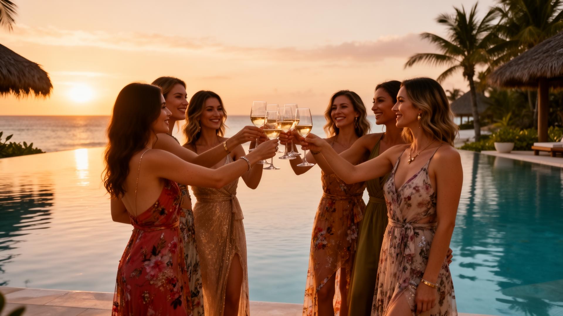 Group of friends toasting at sunset by an infinity pool